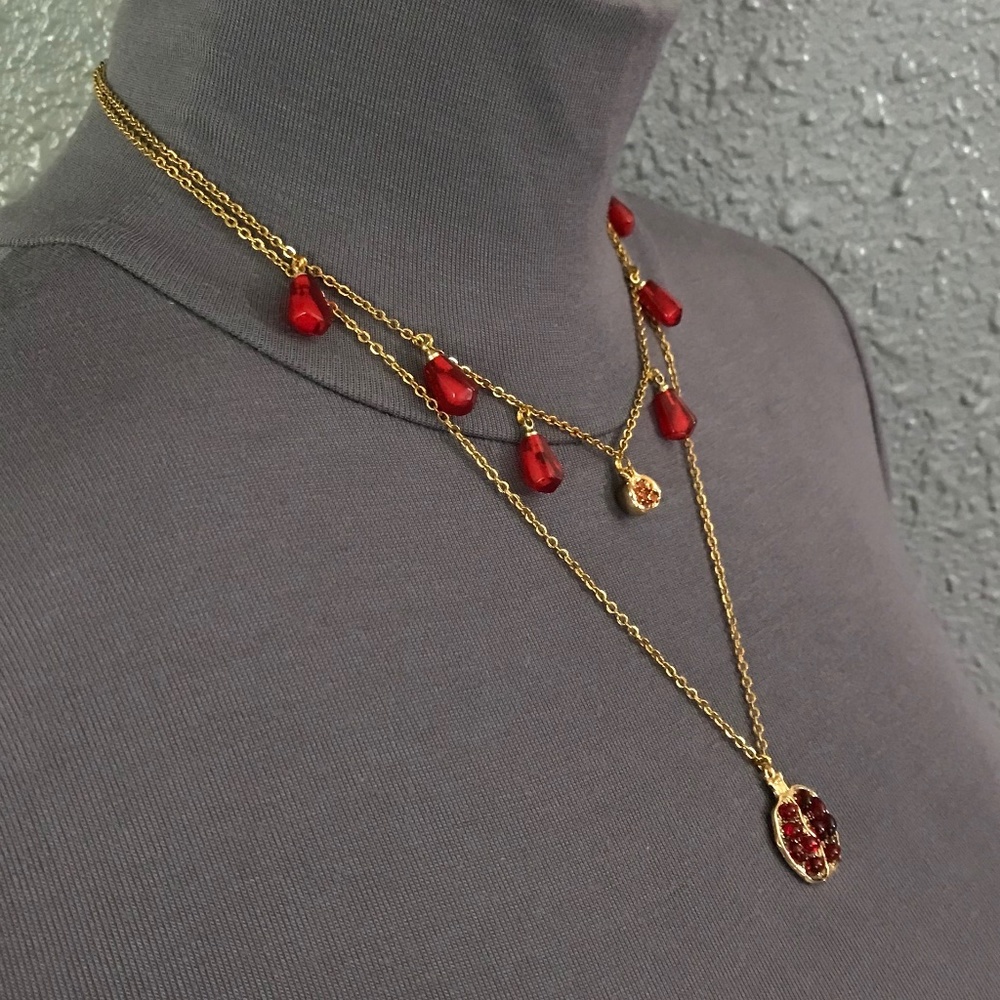 Persephone Greek Goddess Pomegranates and Seeds Handmade 2-Layer Gold Necklace - Picture 9 of 15